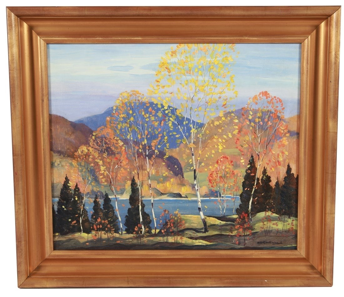 Graham Noble Norwell, Oil on Canvas Landscape: Graham Noble Norwell (Canadian, 1901-1967). Oil on canvas. Sight: 19 5/8" x 23 1/2". Frame: 26" x 30". Oil on canvas depicting an autumnal landscape with birch trees and a lake. Signed lower right "No