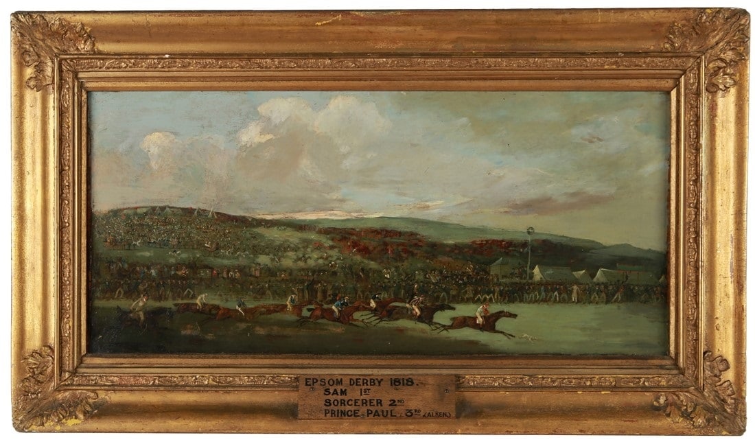 Poss. Henry Thomas Alken, "Epsom Derby 1818": Possibly Henry Thomas Alken (English, 1785-1851). Oil on canvas. Sight: 12" x 26 1/2". Frame: 19 1/4" x 33". Oil on canvas depicting the Epsom Derby race in England. Plaque to the front reads the stat