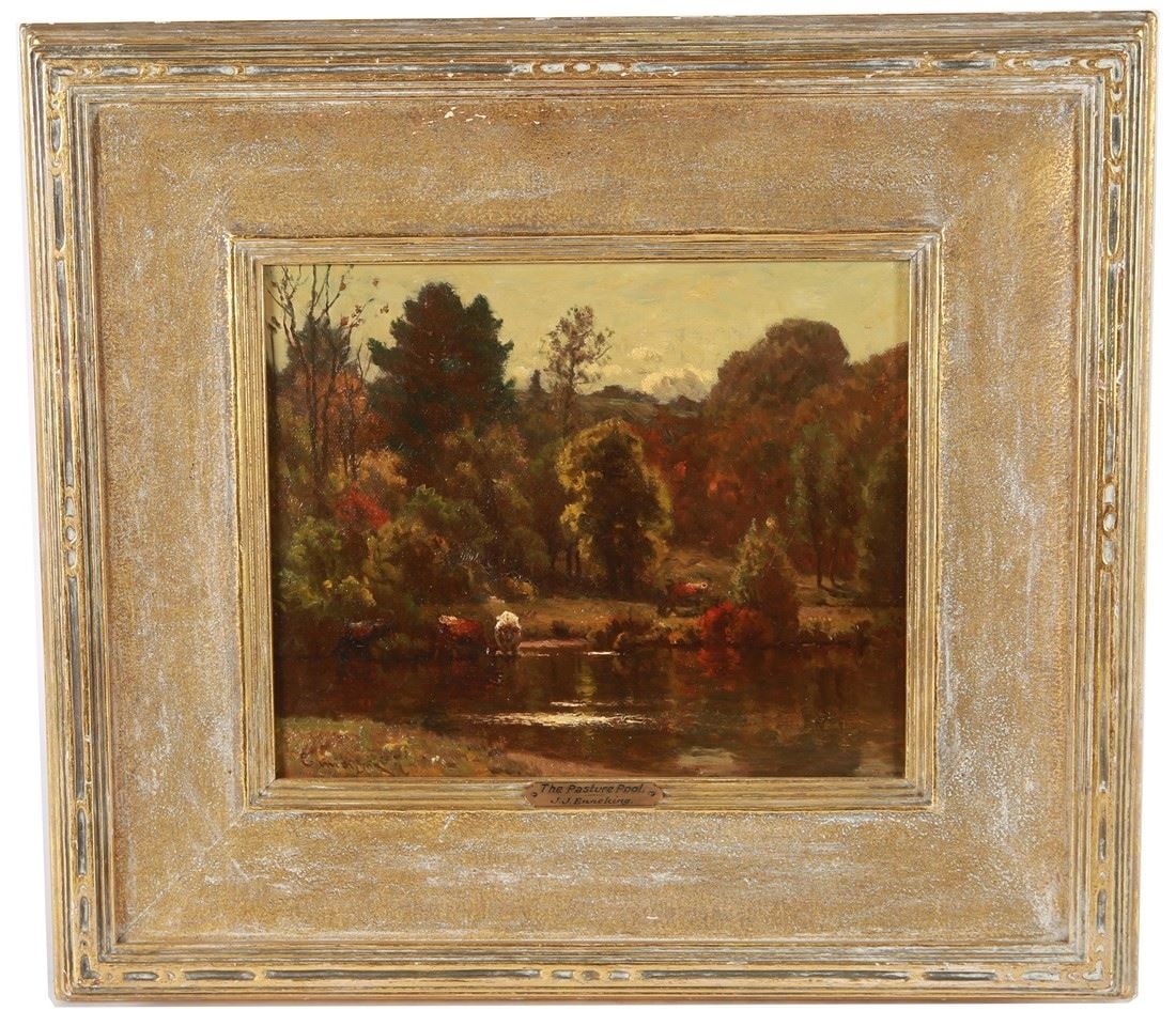 John Joseph Enneking (Amer.), "The Pasture Pool": John Joseph Enneking (American, 1841-1916). "The Pasture Pool". Oil on canvas. Sight: 9 1/2" x 11 1/2". Frame: 18 1/4" x 20 1/2". Oil on canvas depicting animals around a body of water in an autumnal