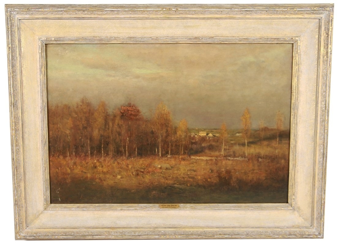 Dwight William Tryon (American), "After the Storm": Dwight William Tryon (American, 1849-1925). Oil on board, 1888. Sight: 19 1/2" x 29 1/2". Frame: 28 3/4" x 38 3/4". Oil on board depicting a stormy landscape with trees and houses in the distance. Sig