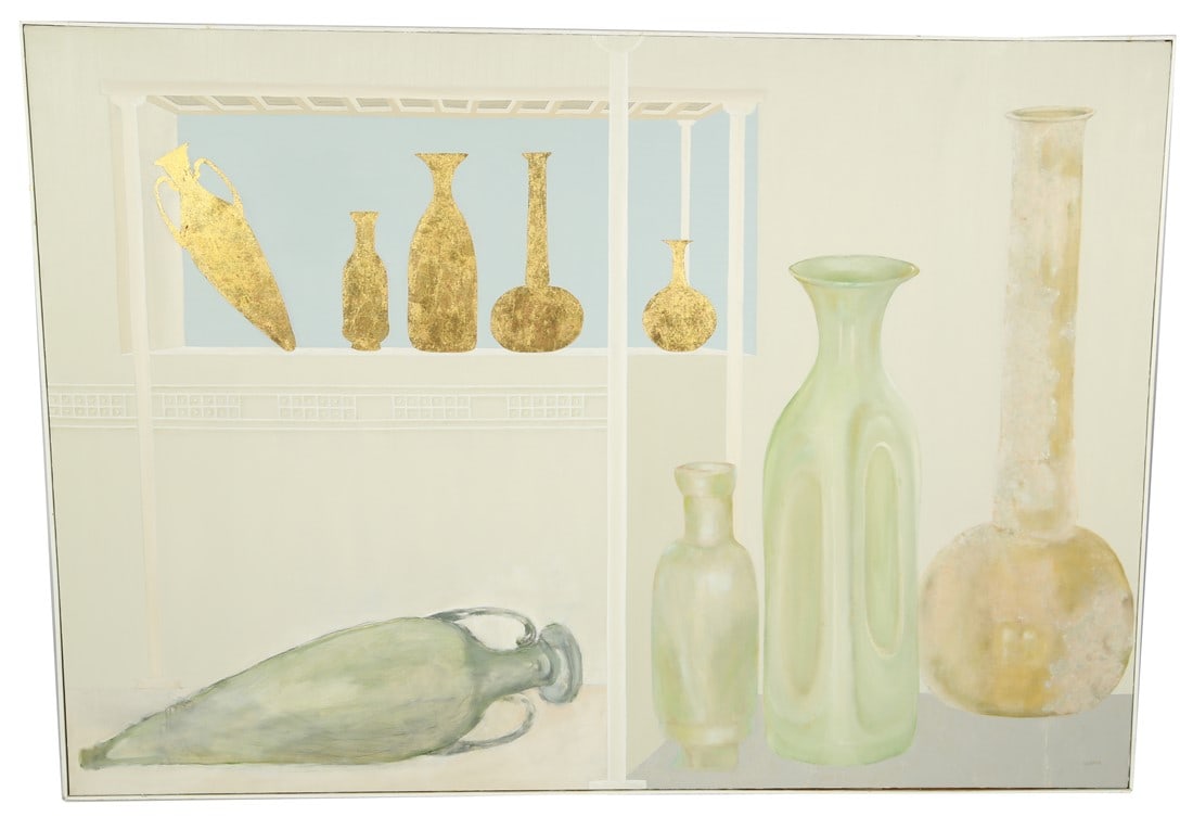Fred Wehmer (American), "Tear Bottles": Fred Wehmer (American, 1927-2018). "Tear Bottles". Oil, acrylic, and gold leaf on canvas, 1984. Canvas: 46" x 65 3/4". Frame: 46 1/2" x 66 1/2". Composition featuring four glass bottles with gold leaf