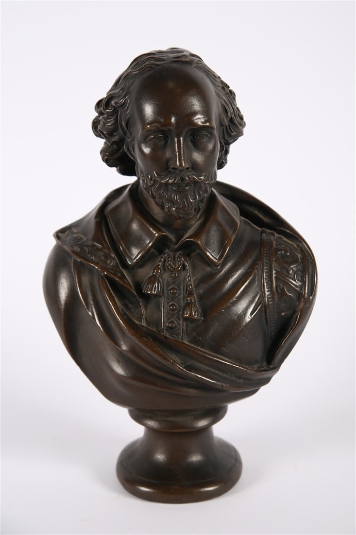 Francis Statuary Co., Bust of Shakespeare: The Francis Statuary Co. (American). Cast metal. Height: 12 1/2", Length: 8", Depth: 4". Cast metal bust of William Shakespeare. Foundry mark to the reverse for "The Francis Statuary Co. Wellington O"