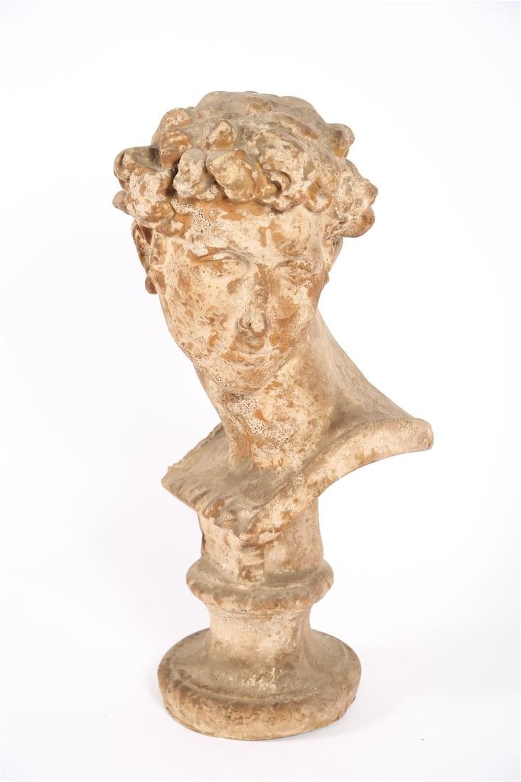 Fiberglass Reproduction Bust of David: Fiberglass. Height: 28", Length: 14", Depth: 12". Neoclassical-style bust of David. Faux stone texture and age. No apparent markings.
