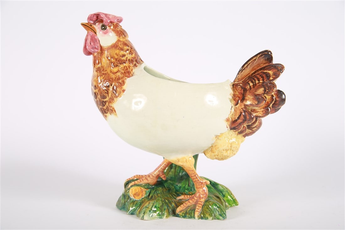 Jerome Massier Fils Vallauris Majolica Chicken: Jerome Massier (French, 1820-1909). Glazed ceramic. Massier Fils Vallauris. Height: 11", Length: 10". Majolica vessel depicting a chicken with an eggshell body. Marked with the Jerome Massier stamp an