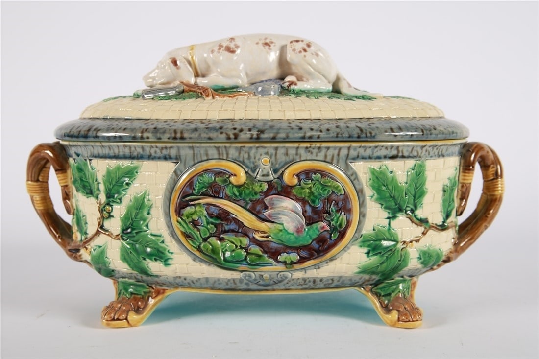 Minton, Majolica Gun Dog Game-Pie Dish: Minton (English, established 1793). Glazed ceramic, 1864. Height: 4 1/2", Length: 8", Depth: 5". Lidded tureen or game-pie dish by Minton featuring a sleeping gun dog finial on the lid with pheasants