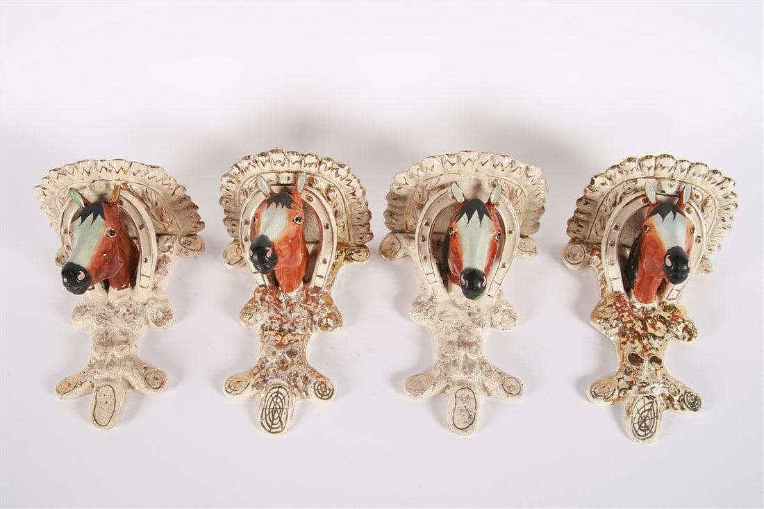 Staffordshire Porcelain Horse Head Wall Shelves: Staffordshire. Porcelain, c. 1860s-70s. Height: 10 1/2", Length: 7 1/2" each. Collection of four Staffordshire porcelain horse head wall shelves. Appear unmarked.