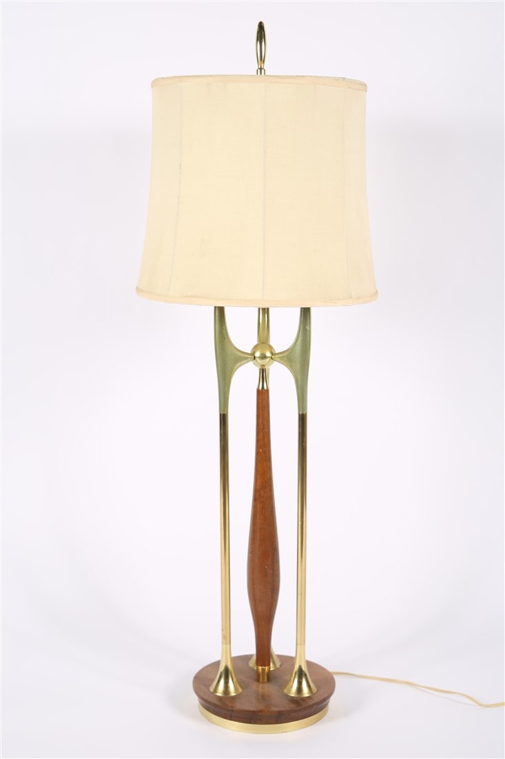 Attributed to Gerald Thurston, Walnut Table Lamp: Attributed to Gerald Thurston for Laurel. Walnut, brass. Height: 45", Diameter: 10". Walnut and brass wishbone style table lamp attributed to Gerald Thurston for Laurel. Three socket design. Appears u