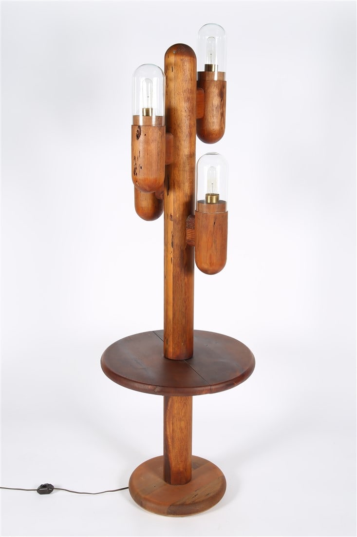 Charles Gibilterra for Modeline, Cactus Lamp: Modeline Lamp Company (American, 1947-1981). California pine, glass, brass, 1978. Height: 64", Diameter: 21". Wooden lamp with four bulbs topped with glass domes and table surface. Marked with date to