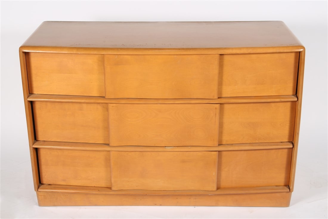 Heywood-Wakefield, "Sculptura" Dresser: Heywood-Wakefield (American, established 1897). "Sculptura" dresser. Maple, c. 1950s. Model: M771. Height: 31", Length: 46", Depth: 19". Heywood-Wakefield dresser having three drawers. Wood in the "wh