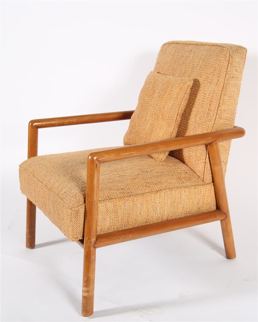 Robsjohn-Gibbings for Widdicomb, Lounge Chair: T.H. Robsjohn-Gibbings (English, 1905-1976). Upholstery, walnut. Designed for Widdicomb. Model: 1601. Height: 31", Length: 24 1/4", Depth: 28", Seat Height: 16". Lounge chair designed by T.H. Robsjohn