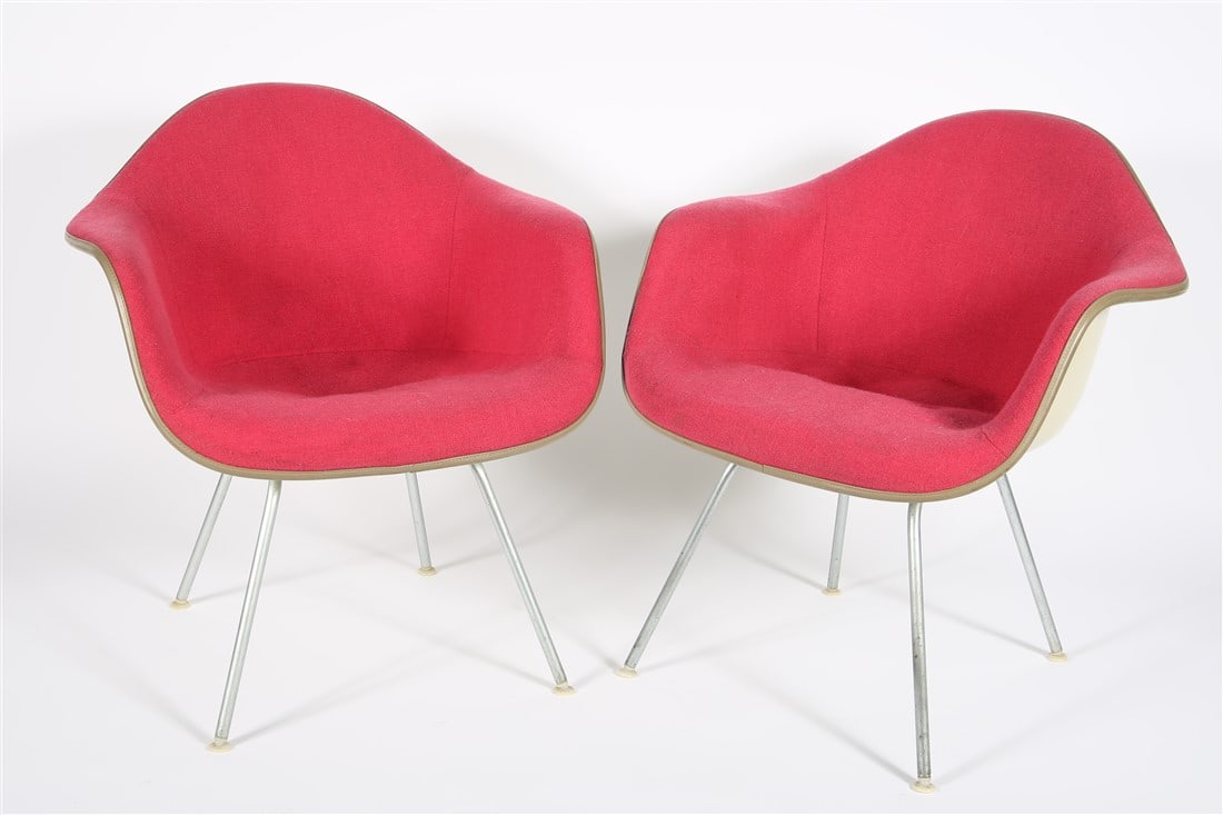 Eames for Herman Miller, Pair of DAX-1 Chairs: Charles Eames (American, 1907-1978) and Ray Eames (American, 1912-1988). Molded fiberglass shell, plated metal, upholstery, 1969. Manufactured by Herman Miller. Model: DAX-1. Height: 28 1/2", Length: