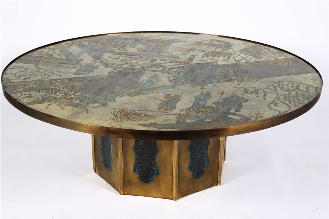 Philip and Kelvin Laverne, "Chan" Coffee Table: Philip and Kelvin Laverne (American, Philip, 1907-1987; Kelvin, b. 1937). "Chan" coffee/cocktail table. Wood, brass veneer, c. 1960s. Height: 17 1/4", Diameter: 47 1/4". Acid-etched patinated brass ba
