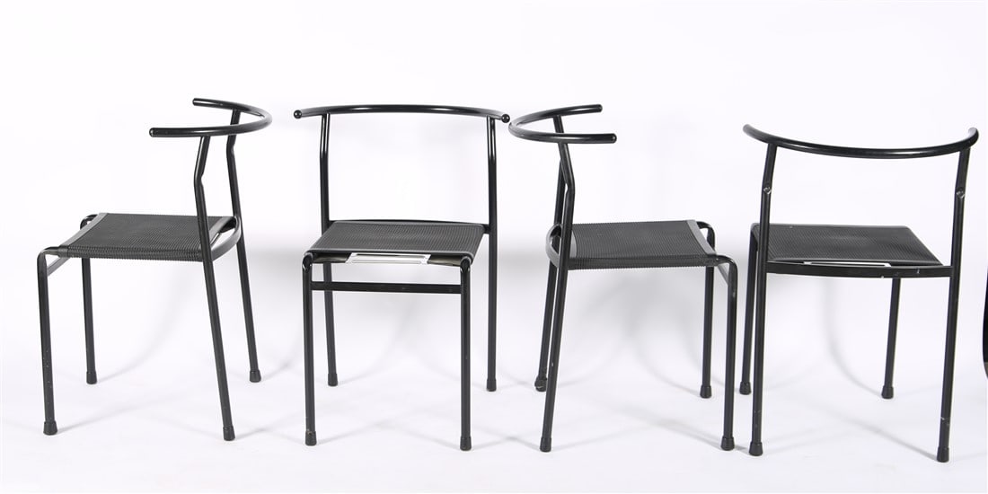 Philippe Starck for Baleri Italia, Four Chairs: Philippe Starck (French, b. 1949). Metal, rubber. Designed for Baleri Italia. Height: 28", Length: 20 1/4", Depth: 20". Set of four black metal side chairs with black rubber seats designed by Philippe