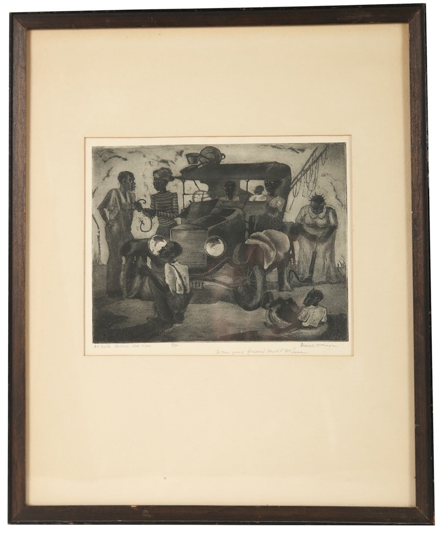 Blanche McVeigh, "All God's Chillun Got Cars": Blanche McVeigh (American, 1895-1970). "All God's Chillun Got Cars". Aquatint. Edition: 5/50. Sight: 6 3/4" x 8 7/8". Frame: 18" x 14 3/4". Aquatint depicting a group of people surrounding a car. Sign