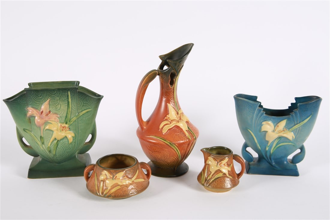 Roseville, Zephyr Lily Collection: Roseville (American, 1890-2017). Ceramic, 1946. Pillow vase: Height: 7 1/4", Length: 8", Depth: 3 1/4". Fan vase: Height: 6 1/2", Length: 7", Depth: 2 1/2". Sugar: Height: 2 1/4", Diameter: 5". Creame