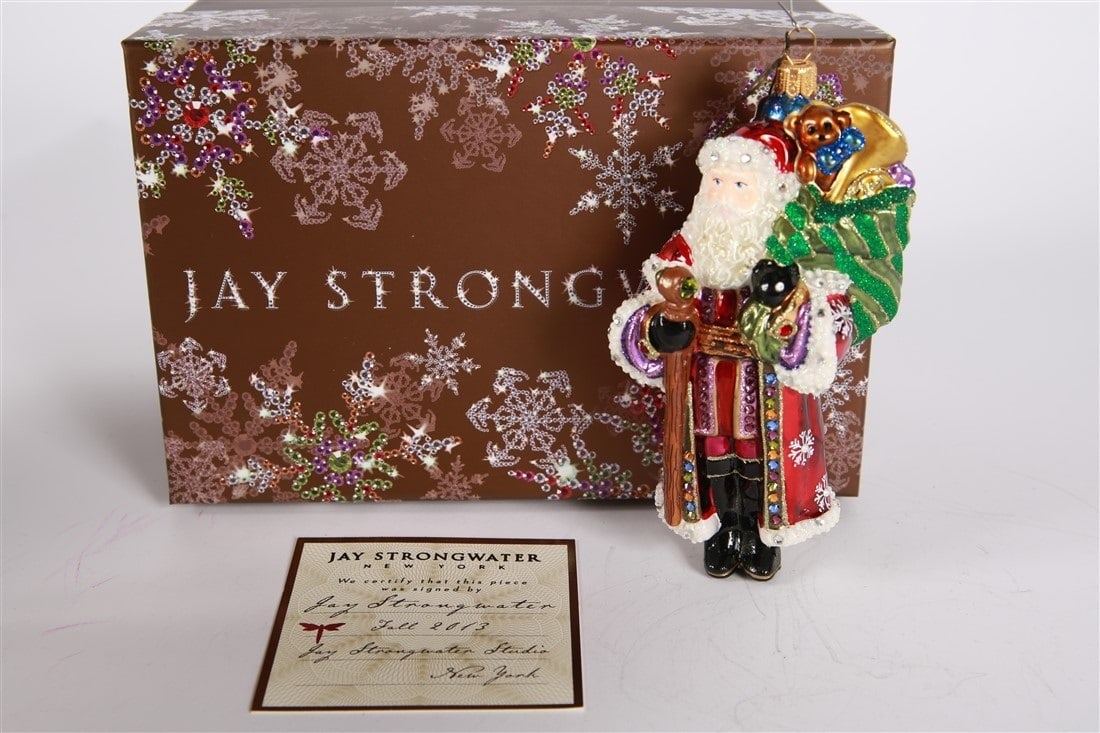 Jay Strongwater, Signed 2013 Jewel Santa Ornament: Jay Strongwater (American, established 1995). Glass, 2013. Height: 6 1/2", Length: 3 1/4", Depth: 3". Multicolor St. Nicholas ornament, signed and dated to the underside. Includes certificate of signa