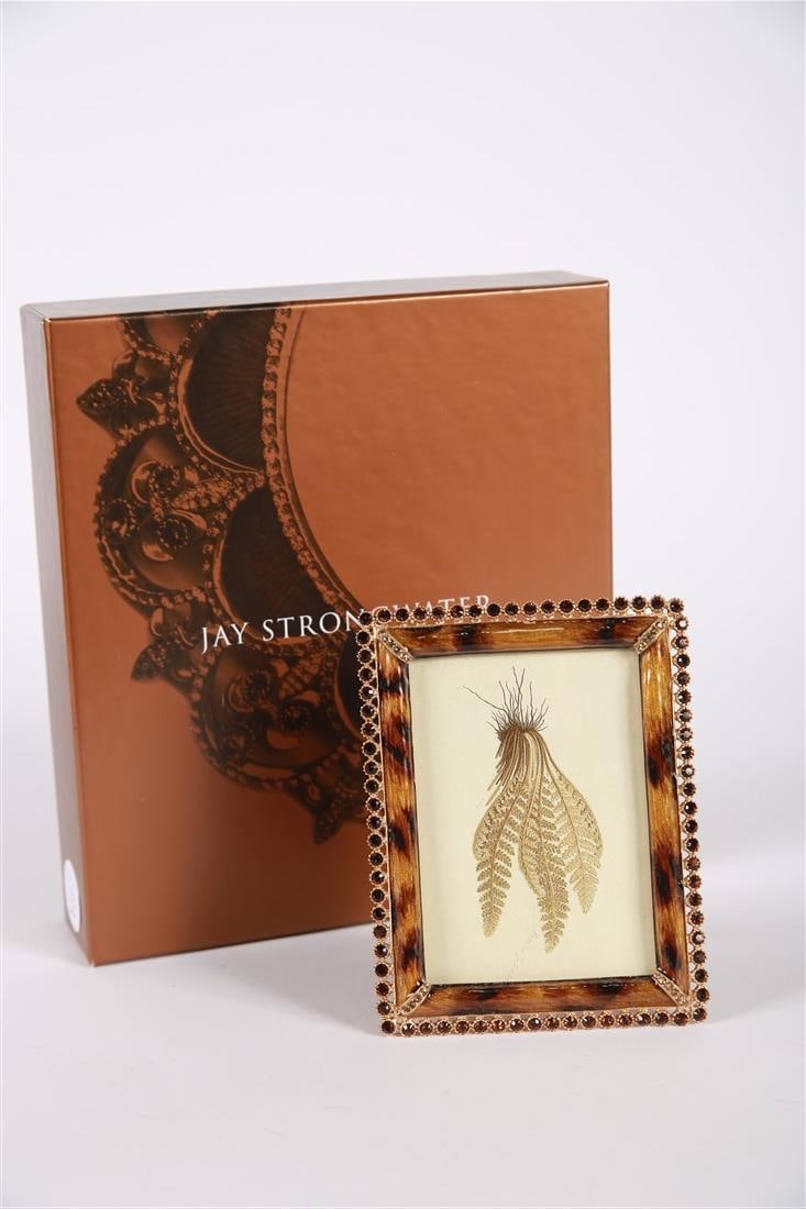 Jay Strongwater, 3x4 Tortoise Stone Edge Frame: Jay Strongwater (American, established 1995). Enamel, metal. Frame: 5 1/8" x 4 1/4". Sight: 3 3/4" x 3". Gold tone metal and brown toned enamel surrounded by brown rhinestone edge and lighter brown rh