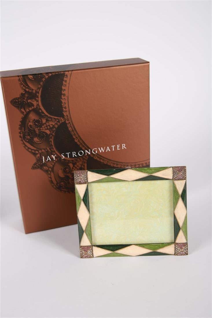 Jay Strongwater, 3x4 Rose Celadon Argyle Frame: Jay Strongwater (American, established 1995). Enamel, metal. Frame: 4 1/2" x 5 1/2". Sight: 3 1/4" x 4 1/8". Green and white argyle pattern with pink and white rhinestone embellishments at the corners