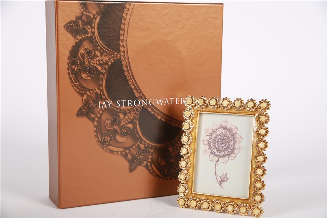 Jay Strongwater 3x4 Golden Pearl Floral Edge Frame: Jay Strongwater (American, established 1995). Enamel, metal. Collection: Classics. Frame: 5" x 3 3/4". Sight: 3 1/2" x 2 1/2". Enamel color is "golden pearl," which, with metallic gold tone rhinestone