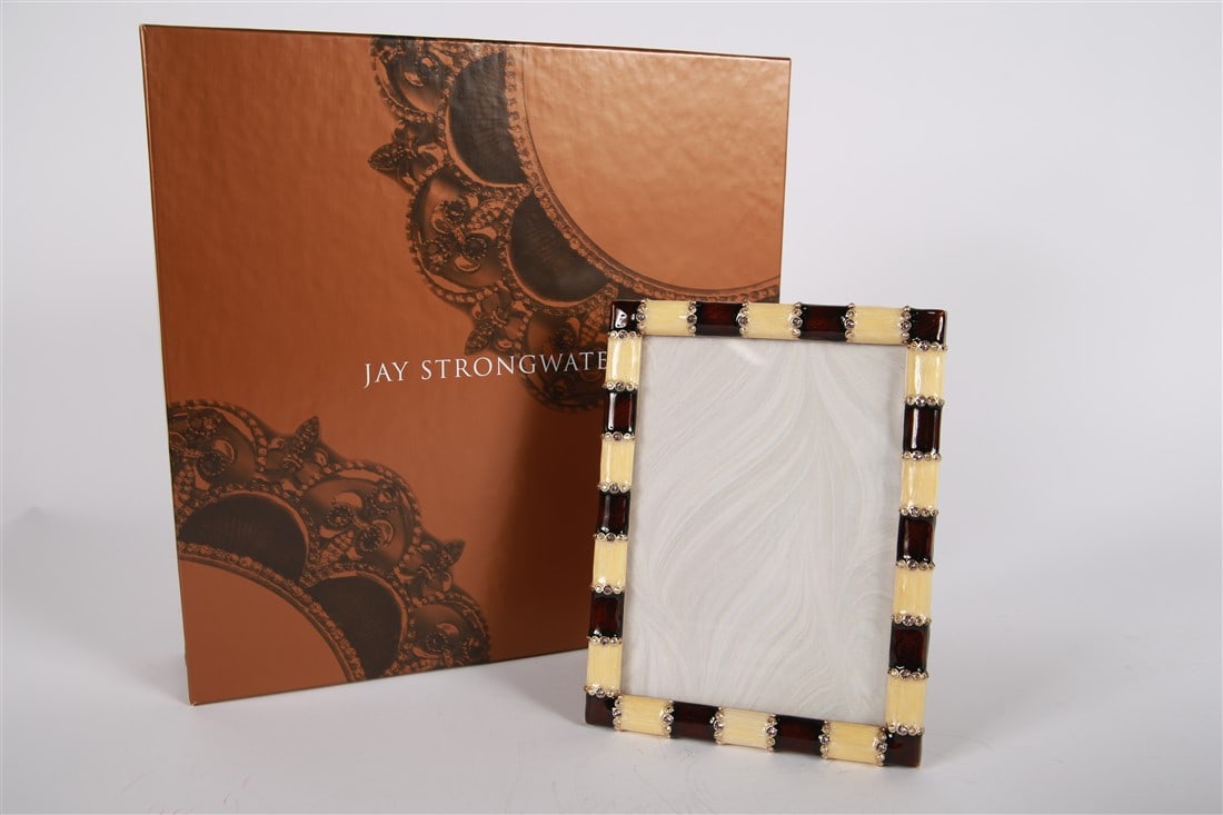 Jay Strongwater, 5x7 Safari Striped Frame: Jay Strongwater (American, established 1995). Enamel, metal. Collection: Safari. Frame: 7 3/4" x 6". Sight: 6 1/2" x 4 3/4". Alternating dark and light toned enamels divided by white rhinestone accent