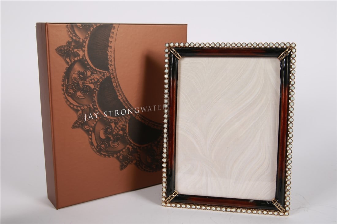 Jay Strongwater, 5x7 Safari Stone Edge Frame: Jay Strongwater (American, established 1995). Enamel, metal. Collection: Safari. Frame: 8 1/4" x 6 1/4". Sight: 6 3/4" x 4 7/8". Gold tone metal and brown toned enamel surrounded by white rhinestone e