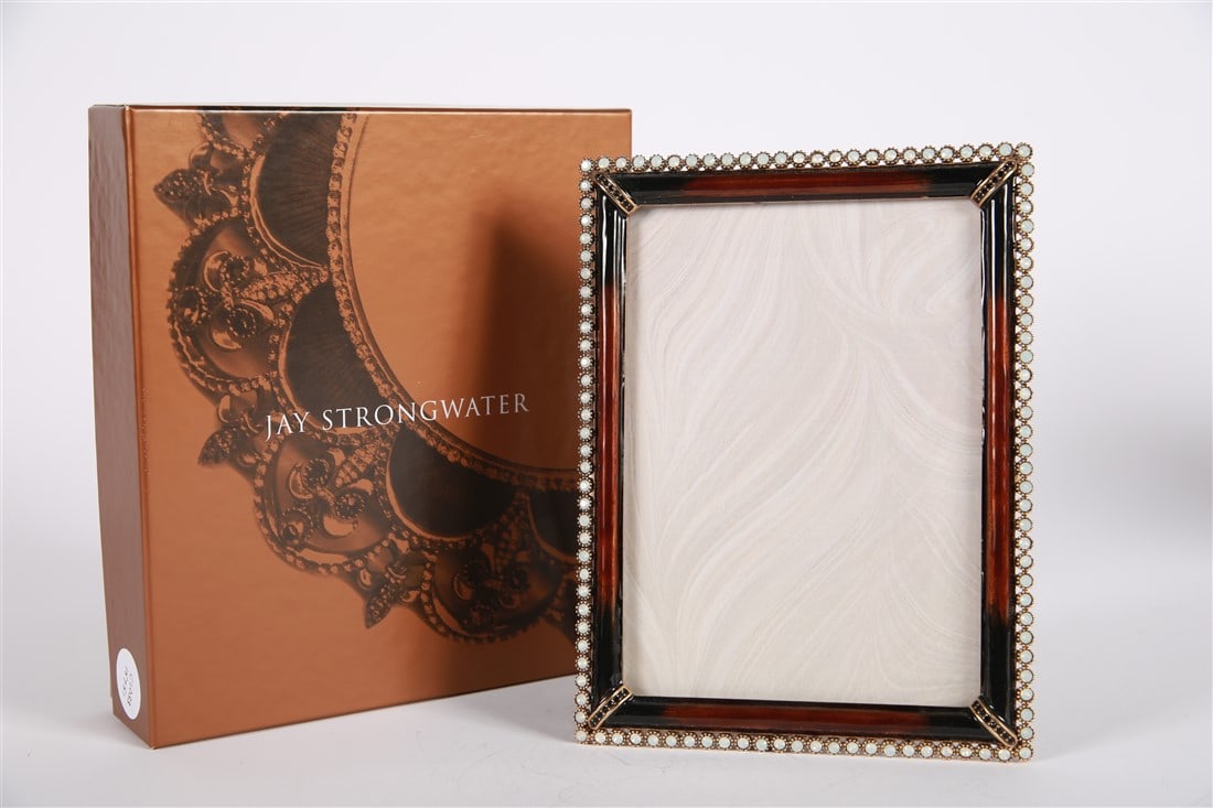 Jay Strongwater, 5x7 Safari Stone Edge Frame: Jay Strongwater (American, established 1995). Enamel, metal. Collection: Safari. Frame: 8 1/4" x 6 1/4". Sight: 6 3/4" x 4 7/8". Gold tone metal and brown toned enamel surrounded by white rhinestone e