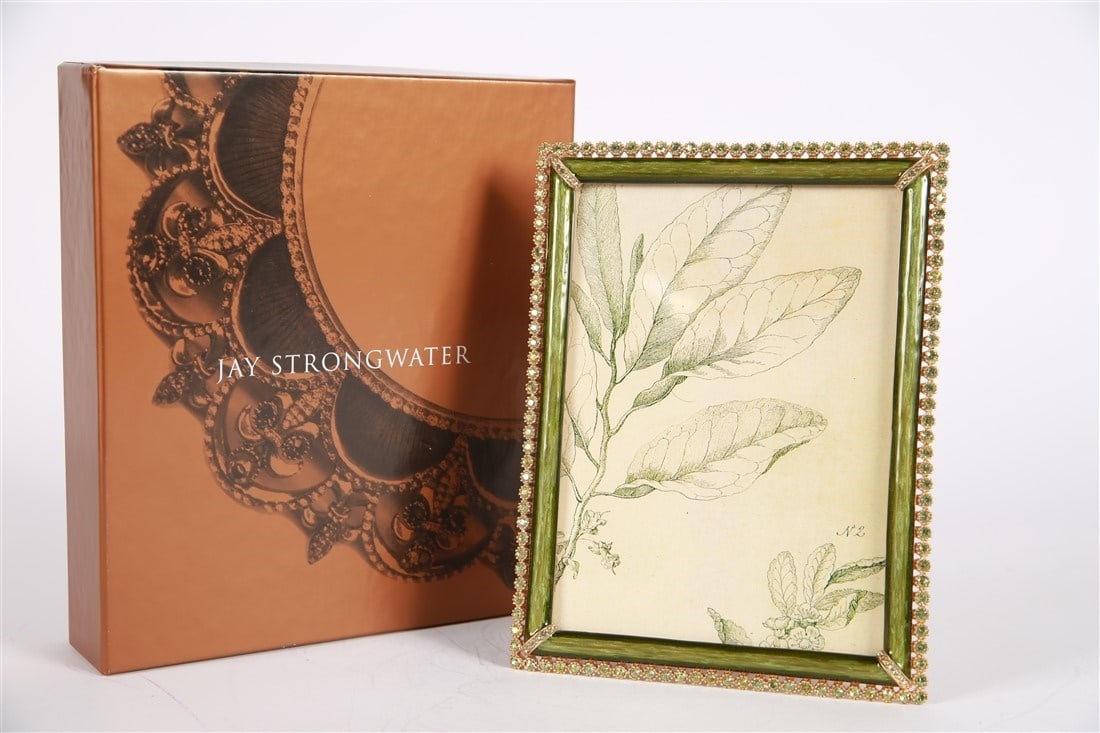 Jay Strongwater, 5x7 Green Lucas Stone Edge Frame: Jay Strongwater (American, established 1995). Enamel, metal. Collection: Classics. Frame: 8" x 6". Sight: 6 3/4" x 4 3/4". Green enamel frame with surrounding green rhinestone embellishment. Includes 