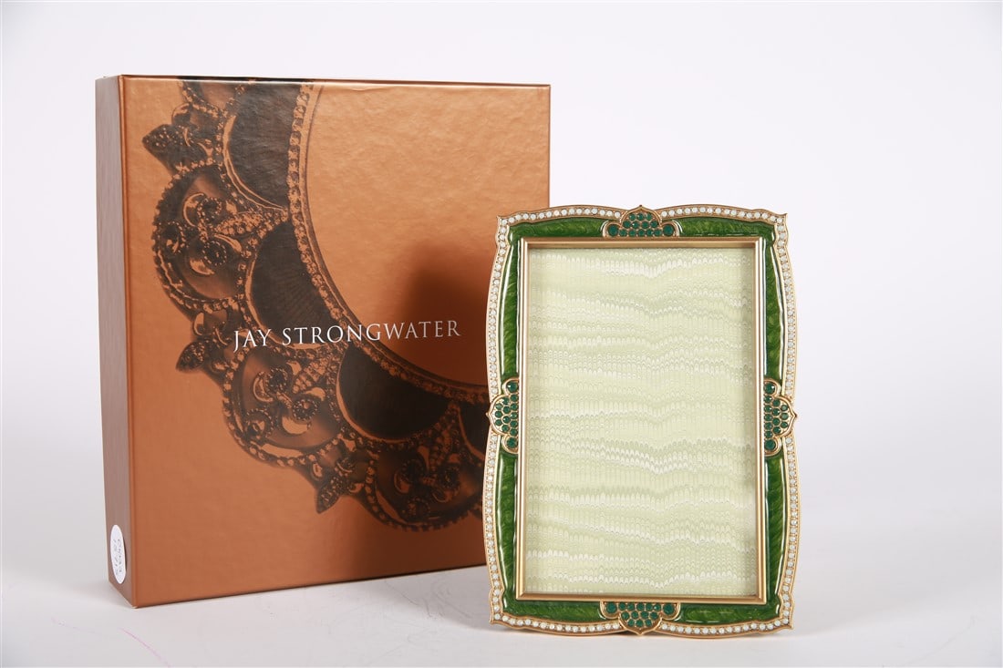 Jay Strongwater, 4x6 Green Scalloped Frame: Jay Strongwater (American, established 1995). Enamel, metal. Frame: 7 1/2" x 5". Sight: 5 3/4" x 3 1/2". Green colored enamel with green and white rhinestone embellishments and scalloped shape. Includ