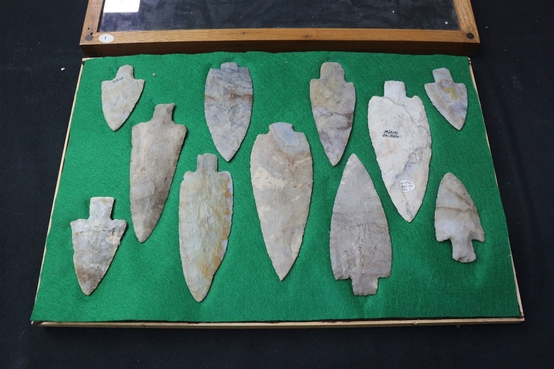 Collection of Ten Adena and Modern Points: Includes: four Modern points, five Adena, and one old blade with new base. Box: 12 5/8" x 18 3/4".
