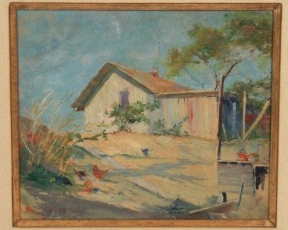Karl Kappes (1861-1943), Cottage on Sand Drive: Karl Kappes (American, 1861-1943). Cottage on sand drive. Oil on canvas. signed lower left. 10 1/2" x 12".