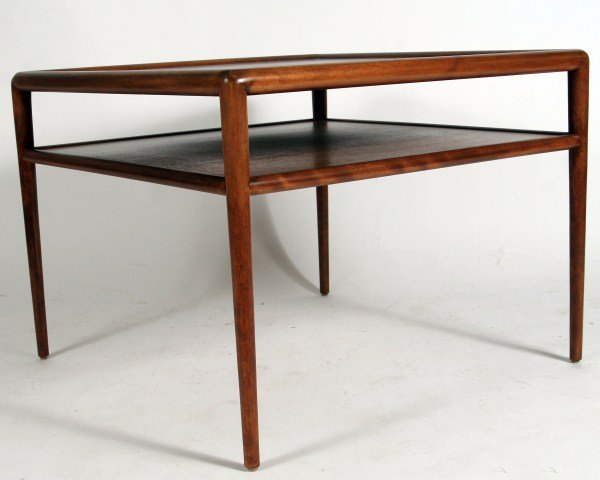 T.H. Robsjohn-Gibbings Walnut Occasional Table: T.H. Robsjohn-Gibbings walnut occasional table. American, 20th century. Made by Widdicomb. With square top over lower shelf on tapering legs. Height 22", width 30", depth 30".