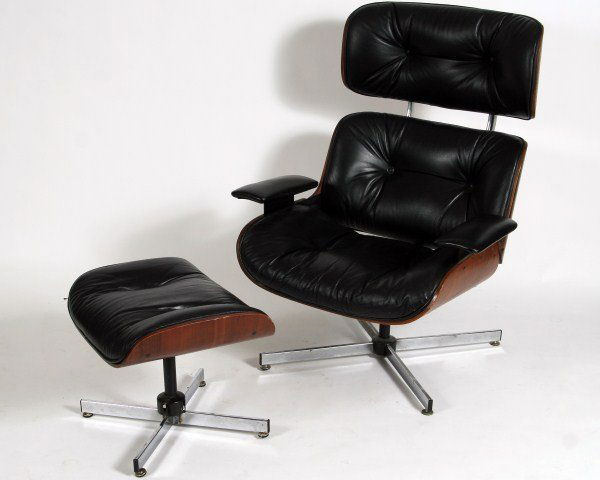 Plycraft Walnut and Leather Lounge Chair, 20th C.: Plycraft walnut and leather lounge chair with ottoman. Designed by George Mulhauser. American, 20th century. Height 32", width 28", depth 34".
