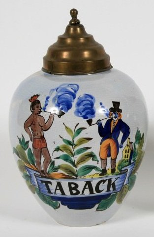 Faience Tobacco Urn, Continental, 20th C.: Faience tobacco urn. Continental 20th century. Decorated with smoking figures. With a brass cover. Height 15".