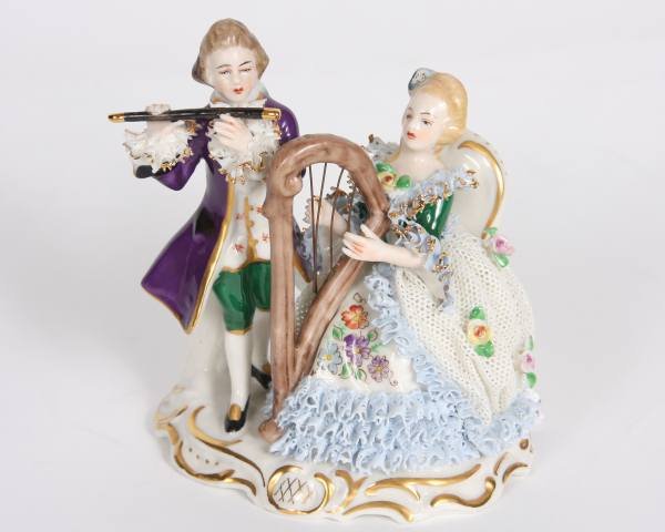 Frankenthal Porcelain Crinoline Music Group: Frankenthal porcelain crinoline music group. German, 20th century. Height 4 1/4", width 4".