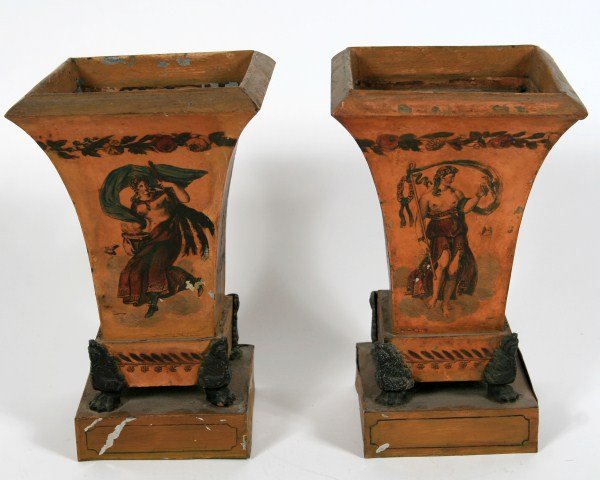 Pair Tole Jardinieres, Continental, late 19th C.: Pair tole jardinieres. Continental, late 19th century. Decorated with transfer neoclassical figures. Height 9 1/2".