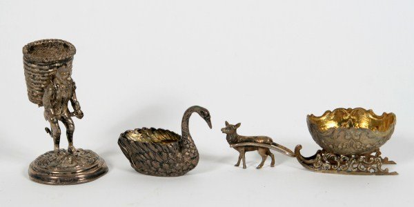 Three Figural Salt Cellars, 20th C.: Three figural salt cellars. Continental, 20th century. Two are silver plate and one low-grade silver. Largest height 3 1/4"