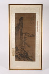 Chinese Scroll Painting, Mountain and Tree: Sight: 55" x 26". Frame: 61" x 31 3/8". Textile scroll painting of a mountainous landscape.