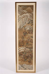 Chinese Scroll Painting with Figures: Sight: 64 1/2" x 15". Frame: 70 3/4" x 20 1/4". Scroll painting with soldier figures in a mountainous landscape.