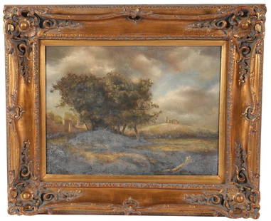 Framed Giclee Landscape: Giclee print. Sight: 17 1/4" x 23 1/4". Frame: 28 1/4" x 34". Framed giclee print on canvas depicting a landscape. Some hand-enhancements to the print. Appears unsigned.