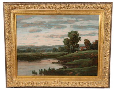 Giclee Landscape Painting: Giclee on canvas. Sight: 35" x 47". Frame: 49 3/4" x 61 5/8". Pond/river landscape scene in morning light. Signed illegibly lower right.