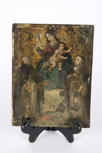 Oil on Copper Religious Icon: Oil on copper. Height: 7 1/2", Length: 5 3/4". Oil on copper painted religious icon of two figures surrounding Mary and child. Does not come with pictured stand.