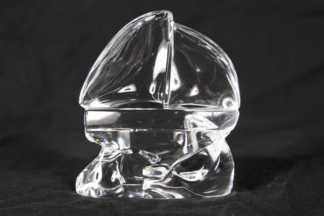 Steuben, "Sail Away" Figurine: Steuben Glass Works (American, established 1903). "Sail Away". Crystal. Designed by David Dowler, 1995. Design: 8790. Height: 3 1/4", Length: 3", Depth: 1 3/8". Steuben crystal figurine of a sail