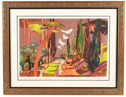 Millard Sheets (American), "Field" Lithograph: Millard Owen Sheets (American, 1907-1989). "Field". Lithograph, 1977. Edition:124/250. Sight: 22" x 32". Frame: 32 1/2" x 42". Color lithograph depicting a colorful pathway through a wooded area. Edit