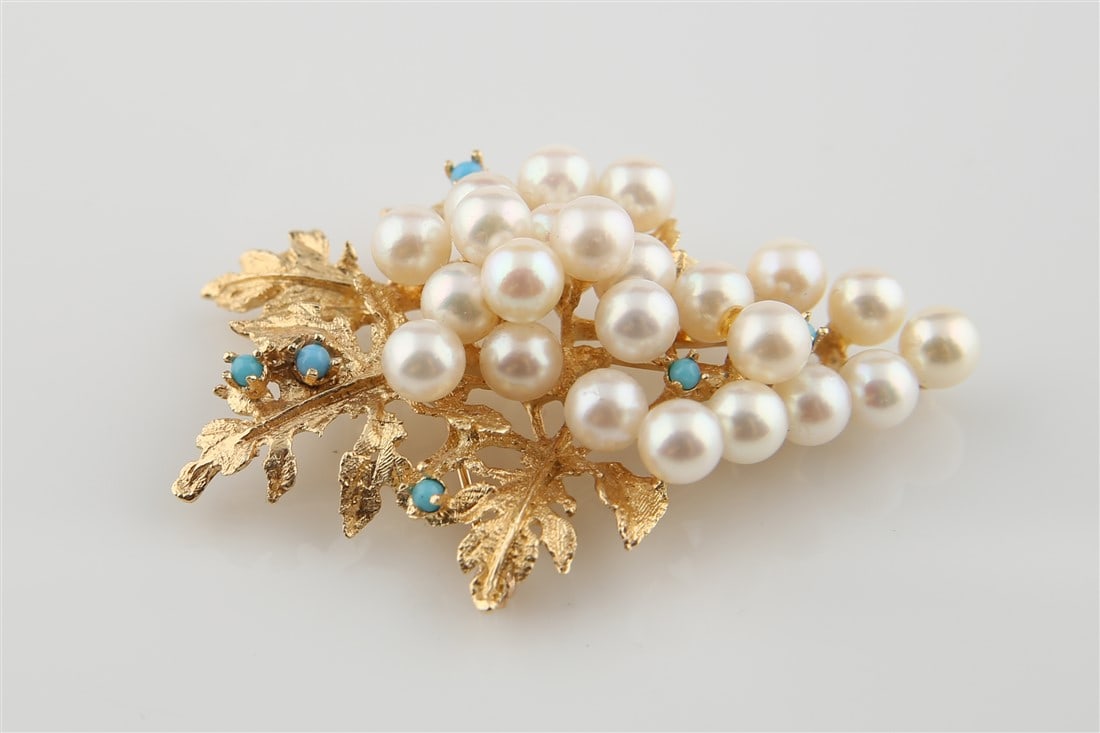 14k Yellow Gold Pearl and Turquoise Grape Brooch (1 of 3)