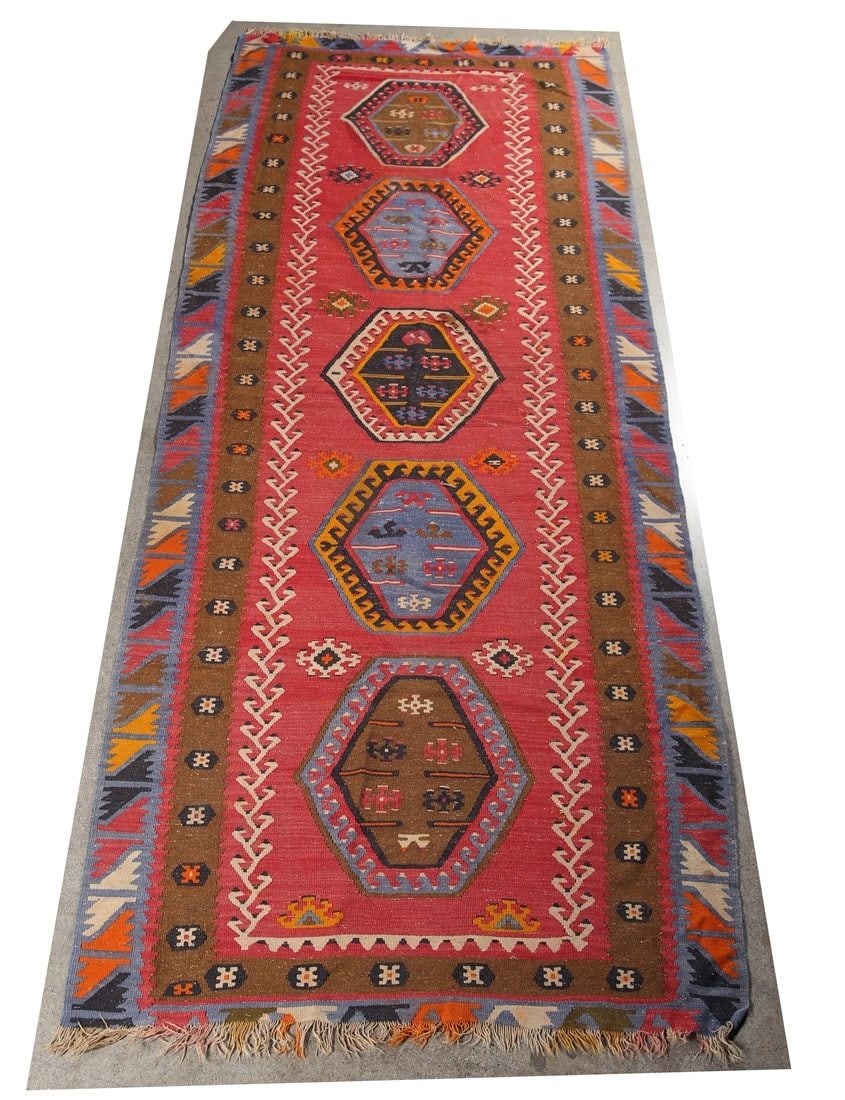 Persian Kilim 1910s Rug: Kilim. Persia. c. 1910. 3'9" x 9'9". Persian kilim rug. Natural and chemical dyes.
