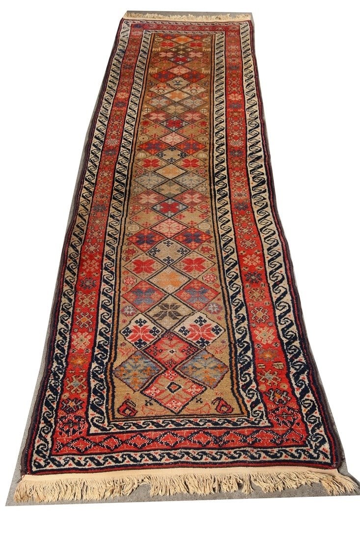 Hamadan 1910s Rug: Hamadan. Iran/Persia. c. 1910. 3'1" x 10'4". Hamadan rug from Iran/Persia. Chemical and natural dyes. Birds, figures, dogs.