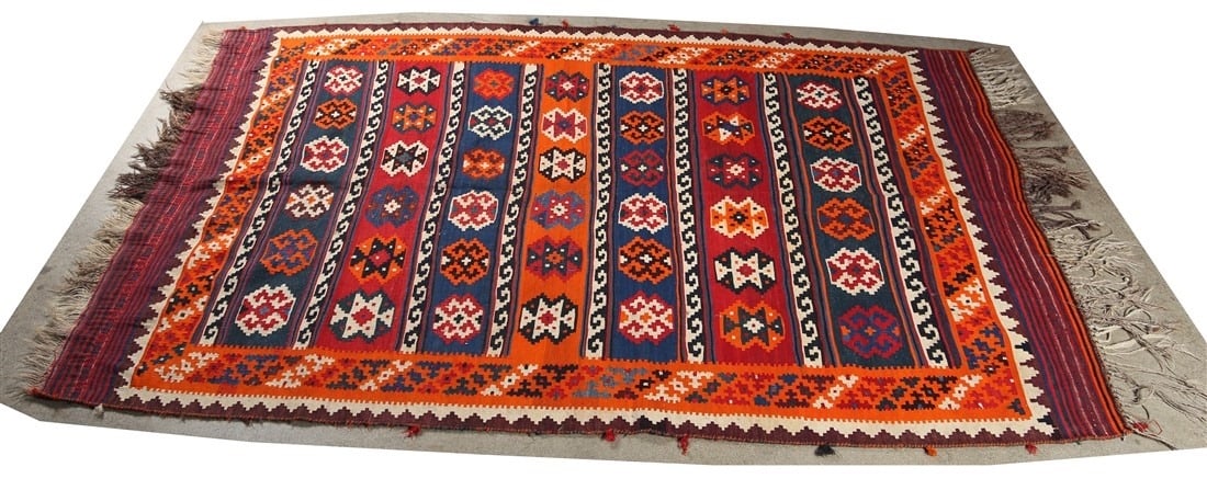 Qashqai Kilim 1930s Rug: Qashqai kilim. Iran/Persia. c. 1930s. 4'11" x 7'9". Qashqai kilim rug from Iran/Persia. Chemical and natural dyes.