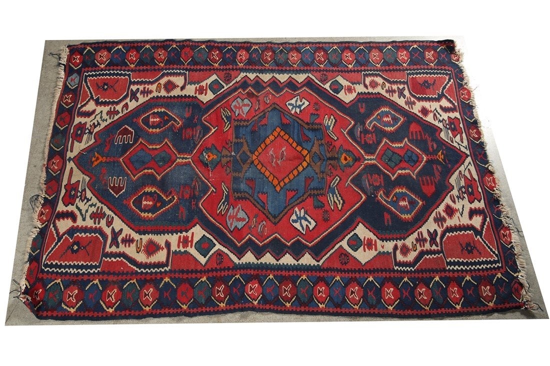 Senna Kilim 1930s Rug: Senna Kilim. Iran/Persia. c. 1930s. 3'7" x 4'10". Senna kilim with Iran/Persia origin. Chemical and natural dyes. Creature motifs.