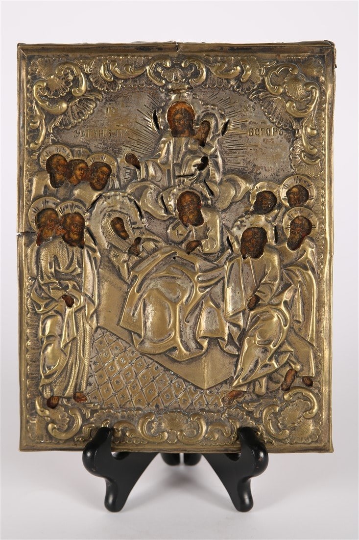 "Dormition of the Theotokos", Russian Brass Icon: "Dormition of the Theotokos" or "Dormition of the Mother of God". Brass, tempera on wood panel. Height: 8 3/4", Length: 6 7/8", Depth: 5/8". Hammered brass riza over tempera on panel depicting several