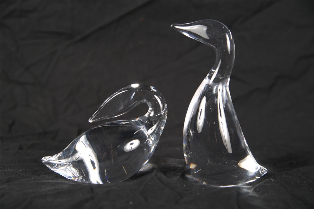 Steuben, "Goose" and "Gander" Pair: Steuben Glass Works (American, established 1903). "Goose" and "Gander". Crystal. Designed by Lloyd Atkins. Goose: 1976. Gander: 1977. Design: Goose: 8344. Gander: 8358. Goose: Height: 5 3/8", Length: